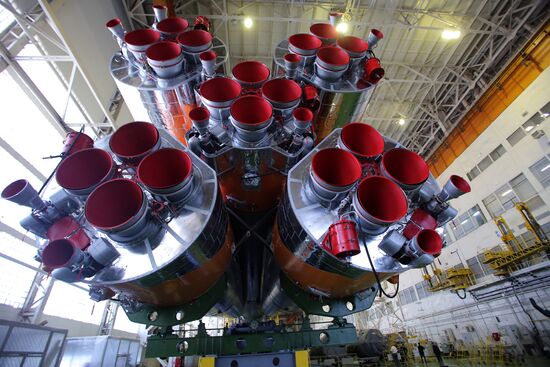 Soyuz TMA-17M spacecraft prepared for rollout to launch pad