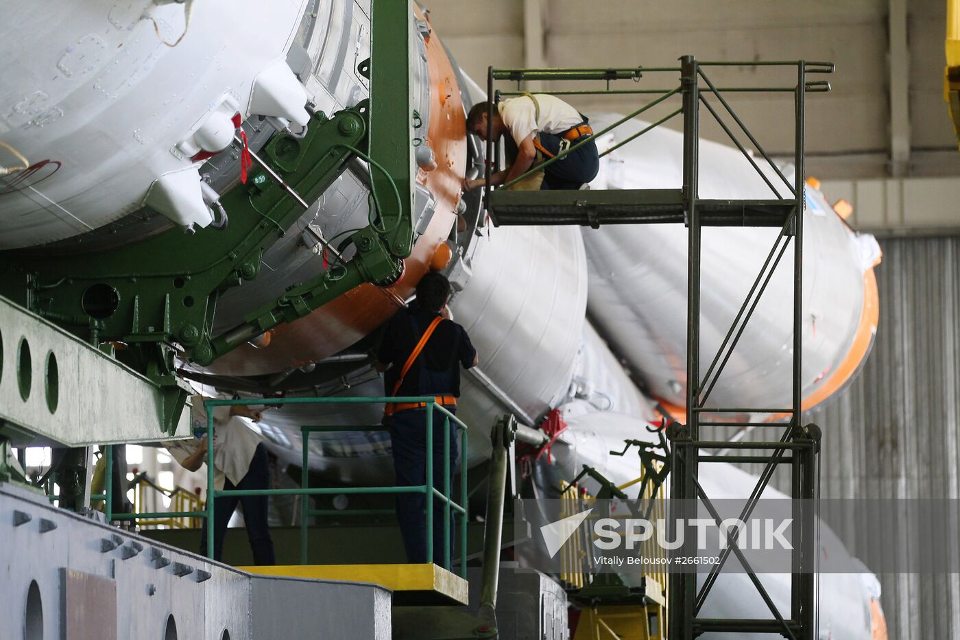 Soyuz TMA-17M spacecraft prepared for rollout to launch pad