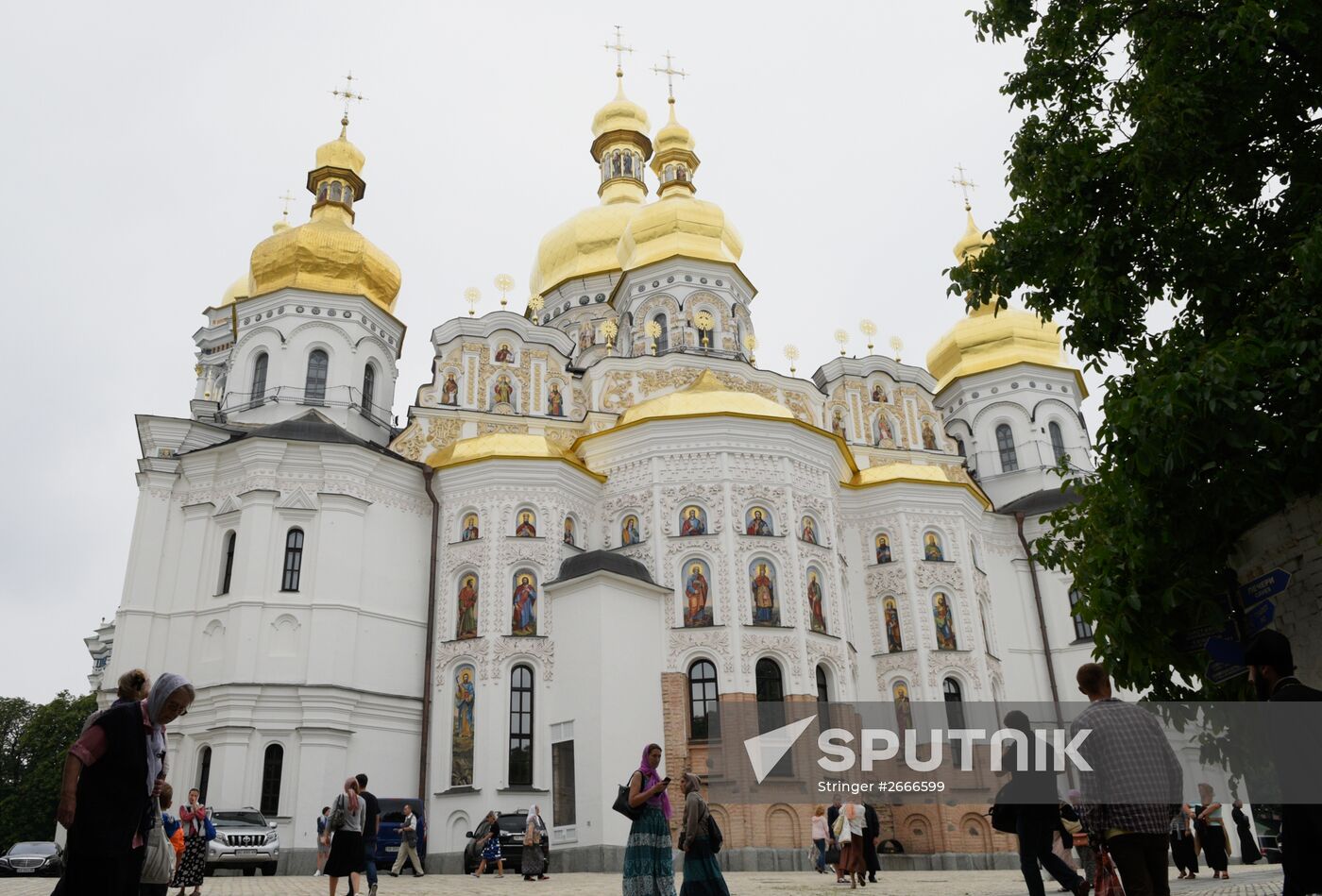 People pray on Vladimir Hill during the 1,027th anniversary of the Baptism of Kievan Rus