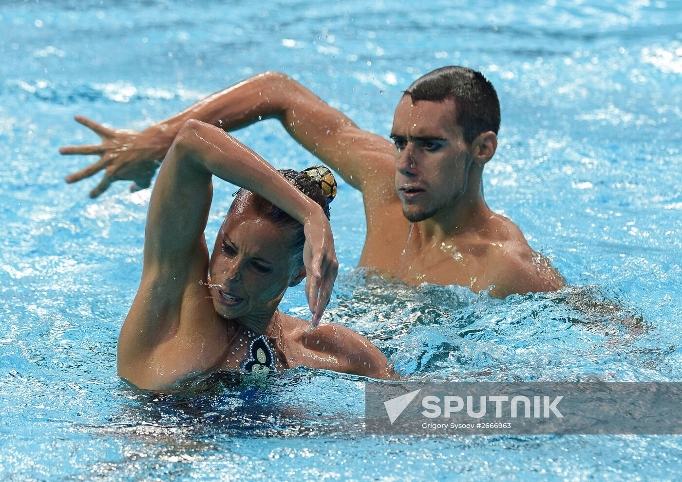 16th 2015 World Aquatics Championships. Synchronized swimming. Mixed duet free routine. Preliminary Round