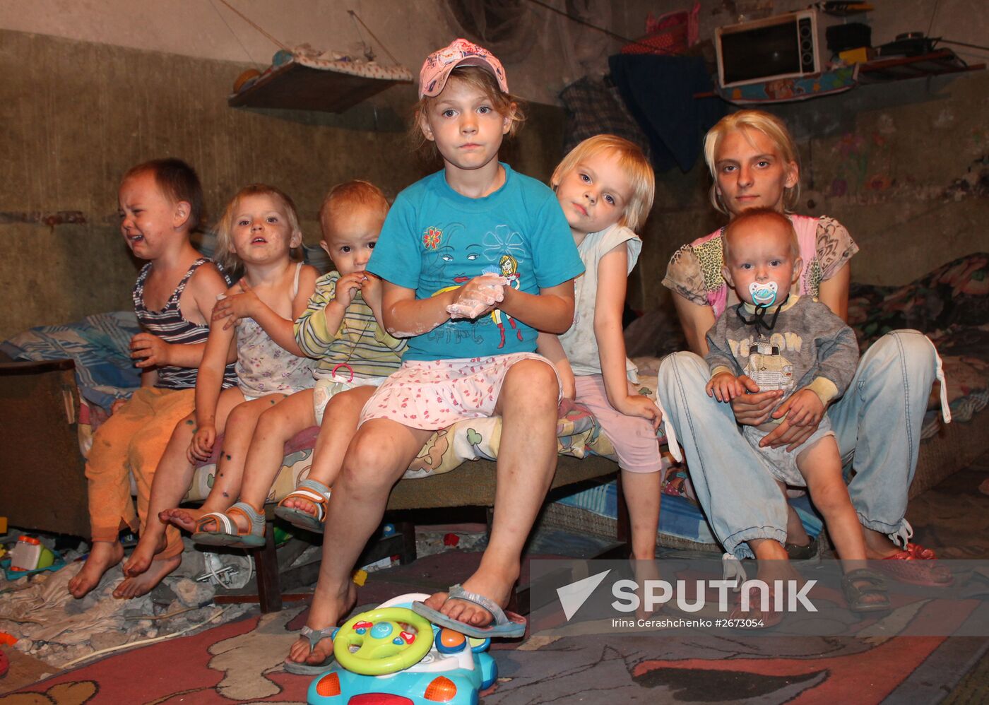 Children at bombproof shelter in Donetsk