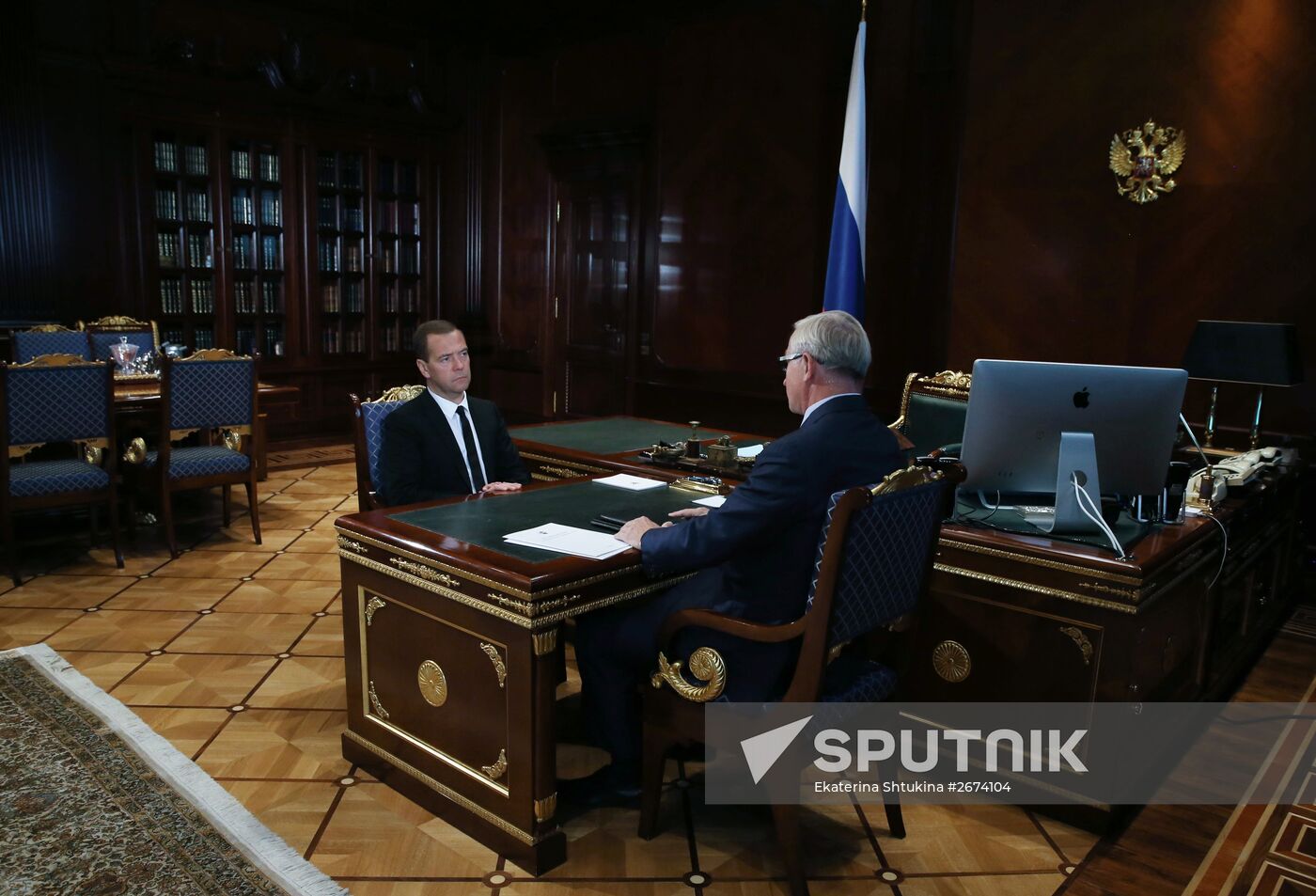 Russian Prime Minister Dmitry Medvedev meets with president of Russian Union of Industrialists and Entrepreneurs Alexander Shokhin