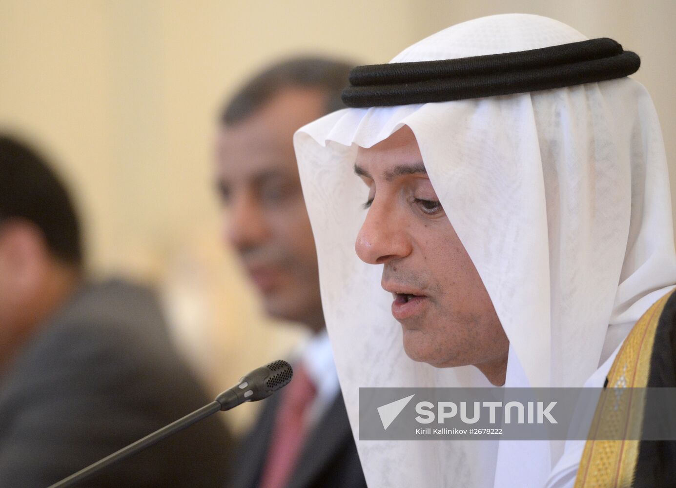 Saudi Arabian Foreign Minister Adel bin Ahmed Al-Jubeir, center, meets with Russian Foreign Minister Sergey Lavrov in Moscow.