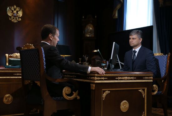 Prime Minister Dmitry Medvedev meets with new Russian Railways president Oleg Belozyorov