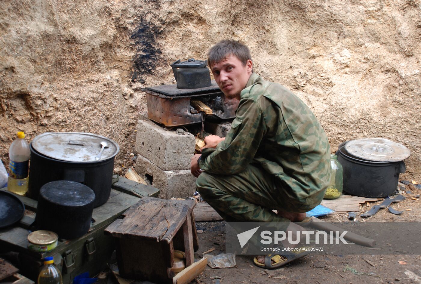 Soldiers of 1st Slavic Brigade of DPR Militia in position near contact line with Ukrainian Army