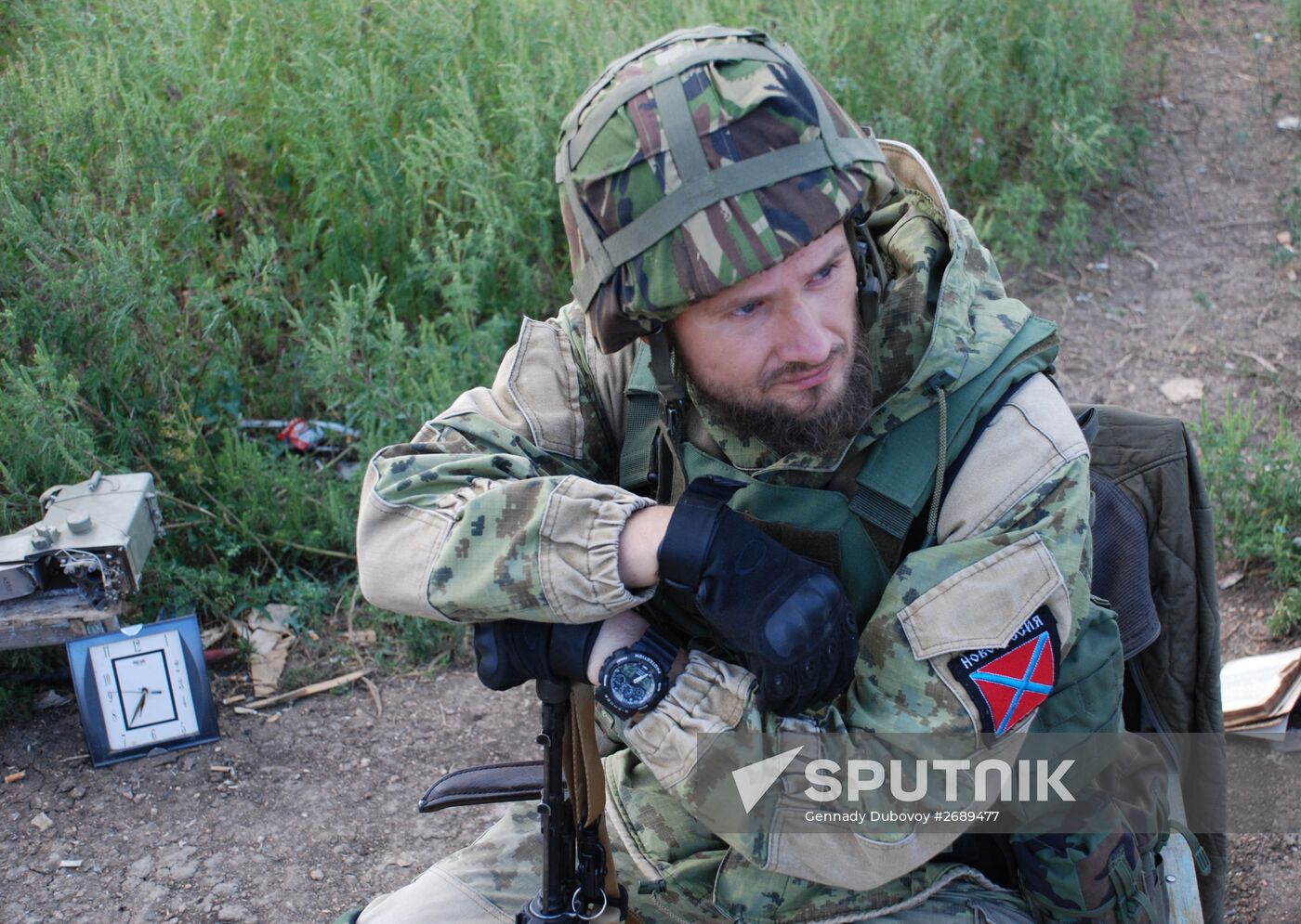 Soldiers of 1st Slavic Brigade of DPR Militia in position near contact line with Ukrainian Army