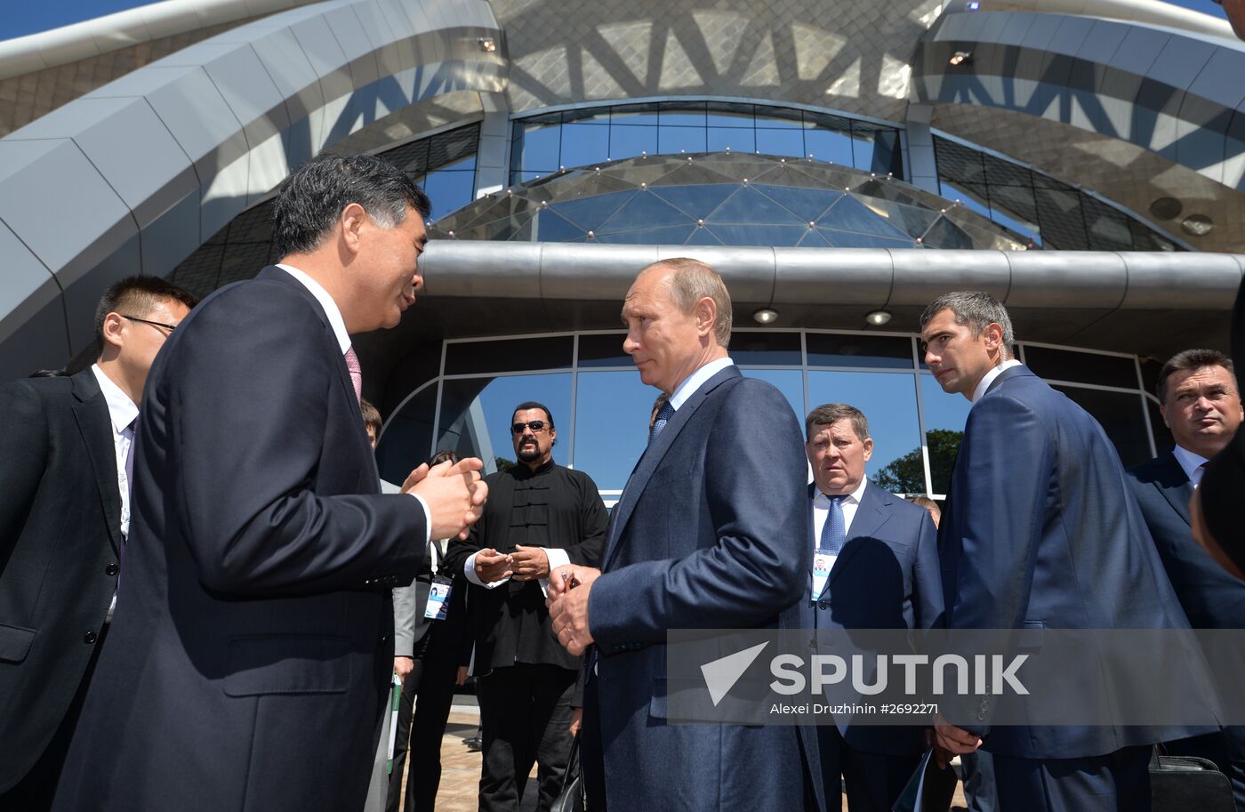 Russian President Vladimir Putin visits oceanarium on Russky Island