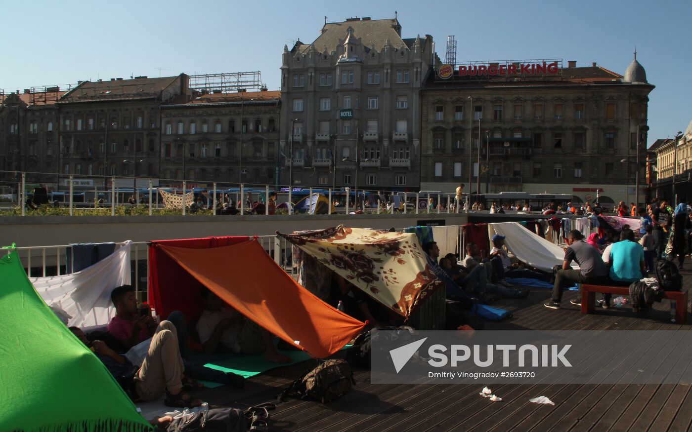 Middle Eastern refugees at Budapest Keleti station