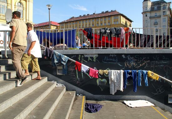 Middle Eastern refugees at Budapest Keleti station