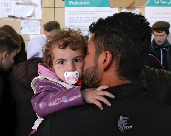 Refugees from Middle East at Westbahnhof railway station in Vienna
