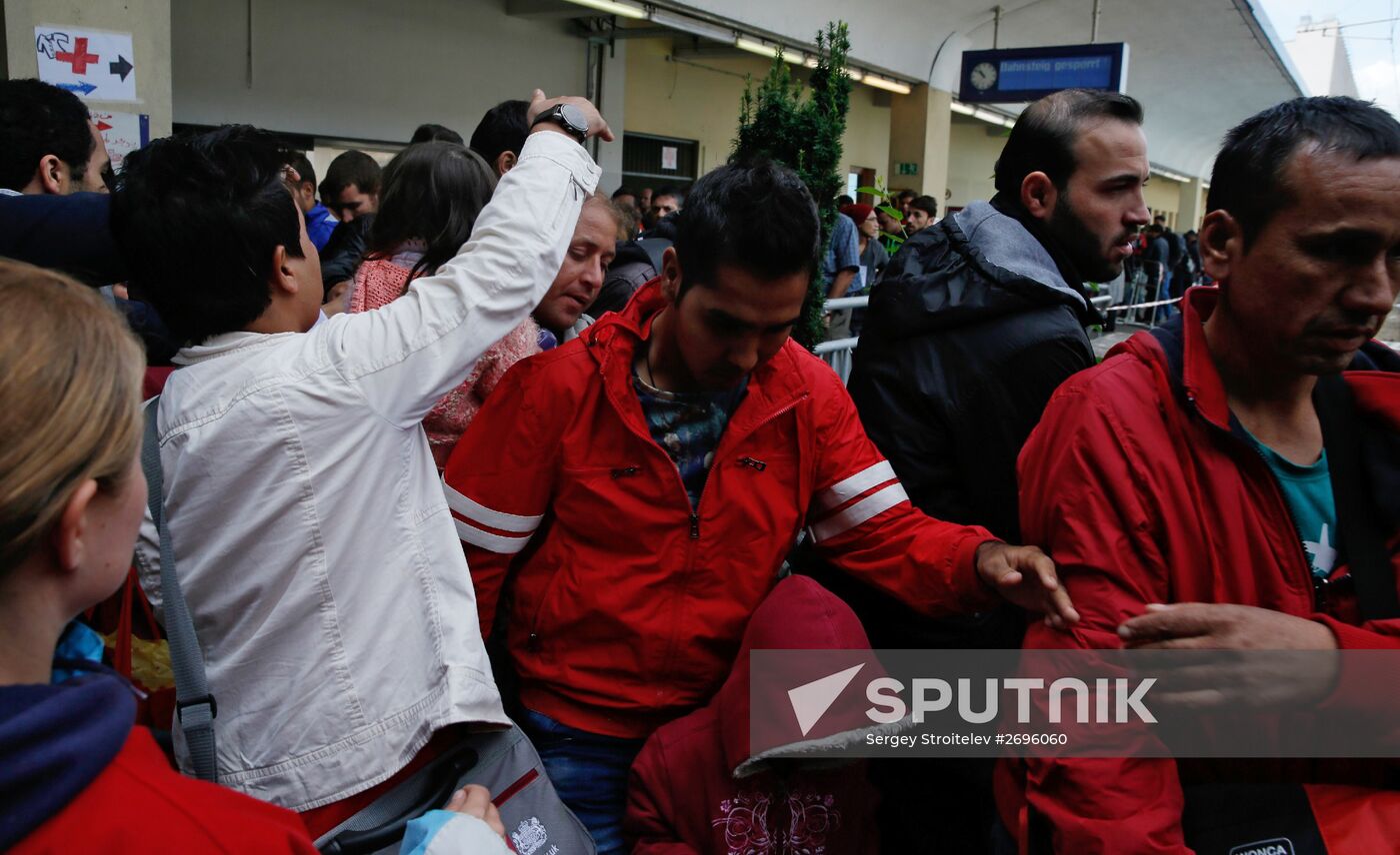 Refugees from Middle East at Westbahnhof railway station in Vienna