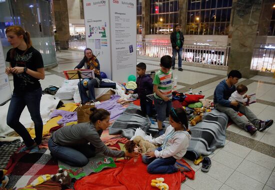 Refugees from Middle East at Westbahnhof railway station in Vienna