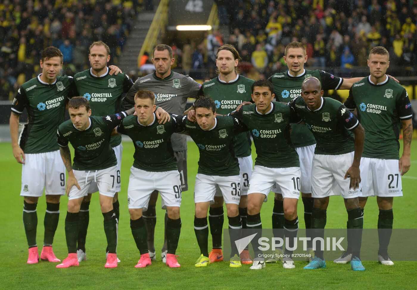From left, upper row: Krasnodar's Fyodor Smolov, Andreas Granqvist, Andrey Dikan, Stefan Strandberg, Artur Jędrzejczyk, Ragnar Sigurdsson; from left, lower row: Pavel Mamayev, Sergey Petrov, Mauricio Pereyra, Odil Akhmedov and Charles Kaboré prior to the UEFA Europa League Group stage match between Borussia Dortmund, Germany and FC Krasnodar, Russia. Location: Germany, Dortmund. Author: Grigory Sysoev/Sputnik. UEFA Europa League. Borussia Dortmund vs. Krasnodar