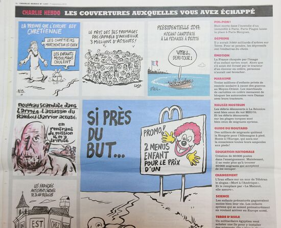 Charlie Hebdo published cartoons mocking drowned Syrian boy
