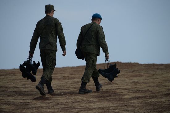 Russian Defense Minister Shoigu arrives at Donguz base for Tsentr-2015 drill