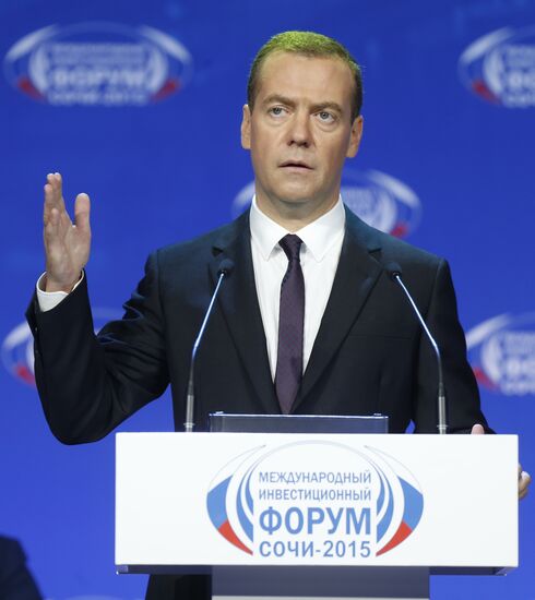 Prime Minister Dmitry Medvedev speaks at plenary meeting during Sochi-2015 forum
