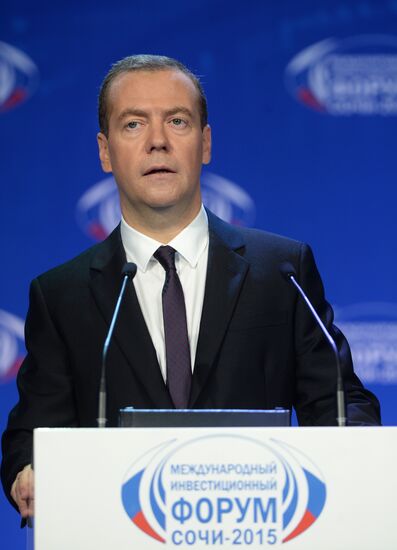 Prime Minister Dmitry Medvedev addresses plenary meeting during Sochi-2015 forum