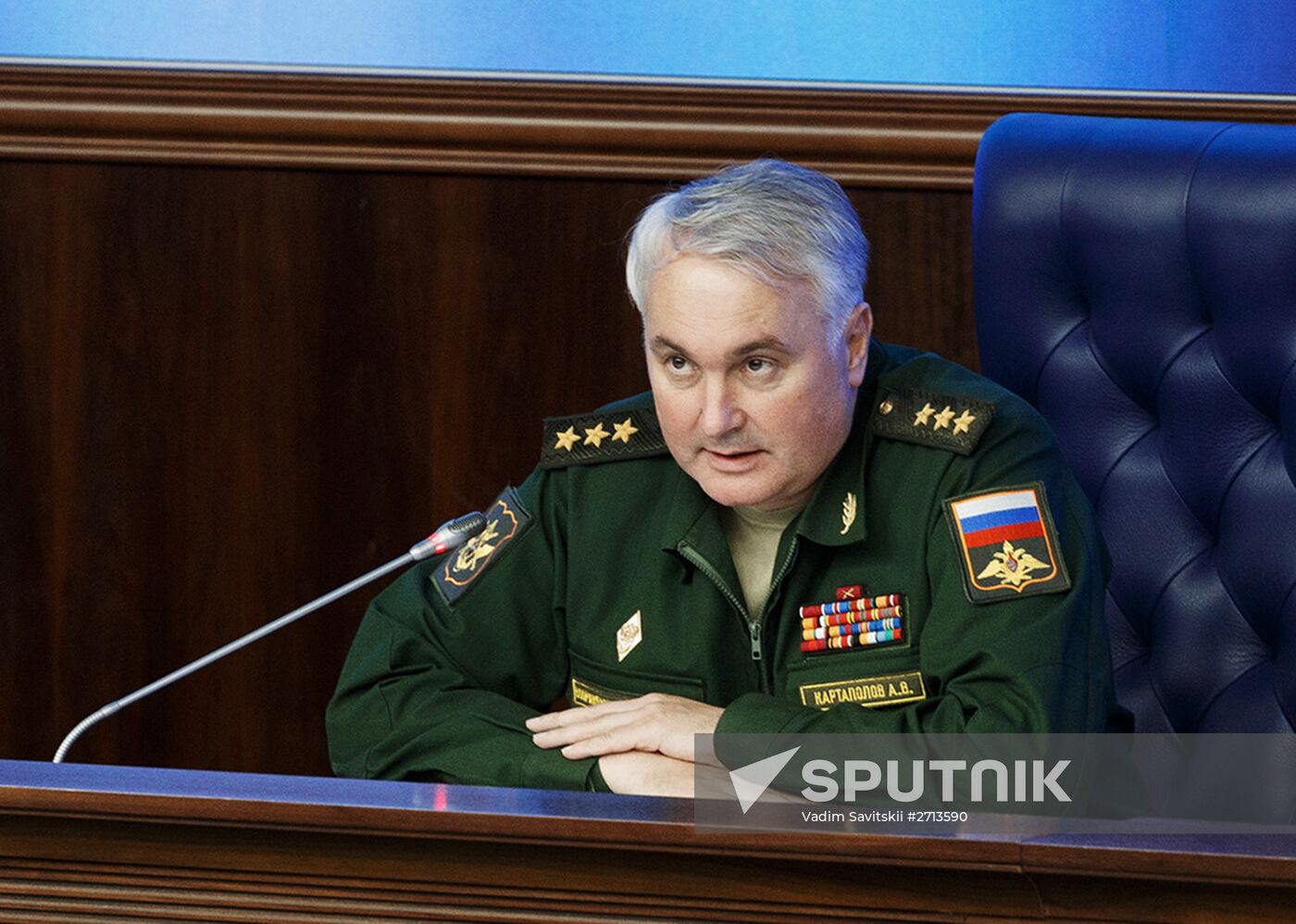 Head of Main Operational Department of Russian Armed Forces General Headquarters Andrei Kartopolov at a briefing