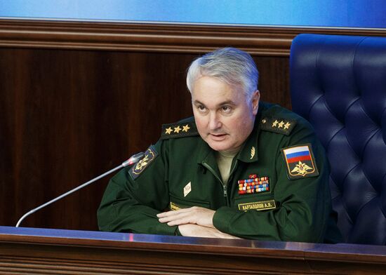 Head of Main Operational Department of Russian Armed Forces General Headquarters Andrei Kartopolov at a briefing