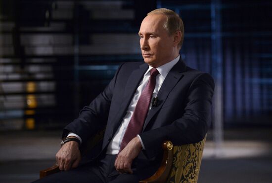 Russian President Vladimir Putin gives interview to Rossiya 1 TV anchor Vladimir Solovyov