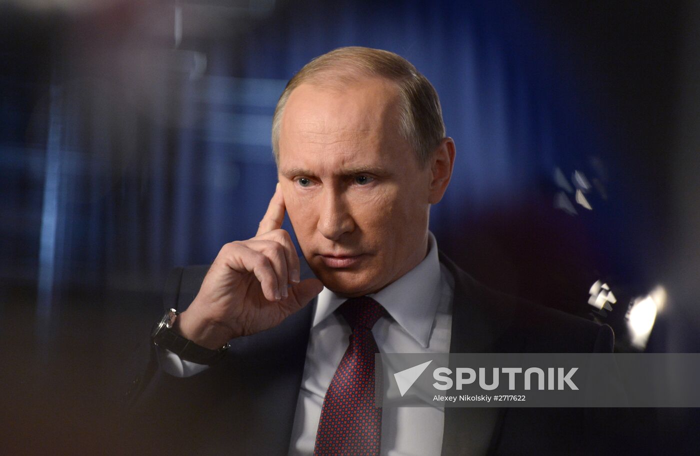 Russian President Vladimir Putin gives interview to Rossiya 1 TV anchor Vladimir Solovyov