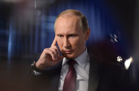 Russian President Vladimir Putin gives interview to Rossiya 1 TV anchor Vladimir Solovyov