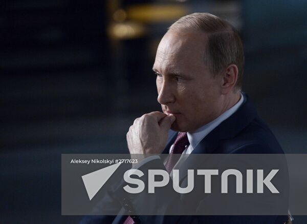 Russian President Vladimir Putin gives interview to Rossiya 1 TV anchor Vladimir Solovyov