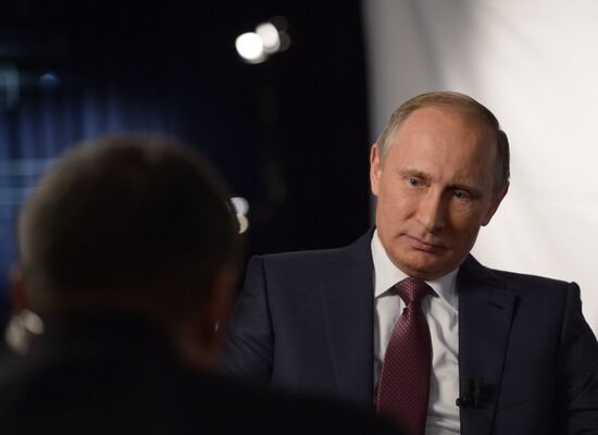 Russian President Vladimir Putin gives interview to Rossiya 1 TV anchor Vladimir Solovyov
