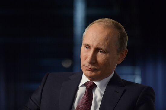 Russian President Vladimir Putin gives interview to Rossiya 1 TV anchor Vladimir Solovyov