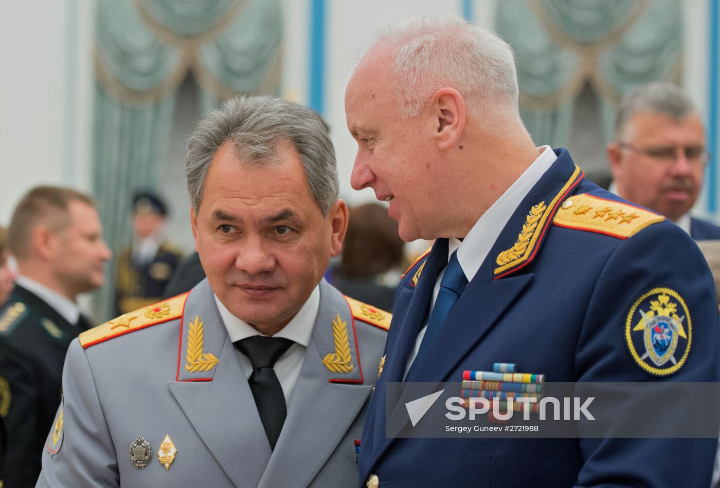 Russian President Vladimir Putin presents banner of Federal Bailiff Service