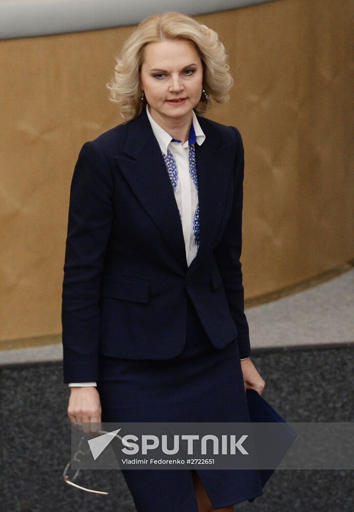 Audit Chamber Chairperson Tatyana Golikova during the Government Hour at a State Duma plenary session. Location: Russia, Moscow. Author: Vladimir Fedorenko/Sputnik. State Duma plenary session