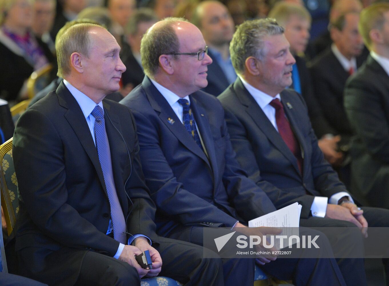 October 21, 2015. From left: Russian President Vladimir Putin, Prince Albert II of Monaco, patron of the World Olympians Association, a member of the International Olympic Committee, and President of the World Olympians Association (WOA) Joël Bouzou at the opening ceremony of the 1st World Olympians Forum (WOF) in Moscow. Location: Russia, Moscow. Author: Alexei Druzhinin/Sputnik. President Vladimir Putin attends 1st World Olympians Forum held by the World Olympians Association