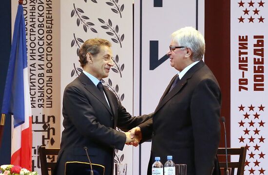 France's former President Nicolas Sarkozy gives speech to MGIMO University students