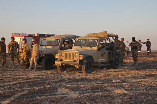 Rescuers search through the crash site of Russian Airbus A321 in Egypt