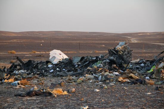 Rescuers search through the crash site of Russian Airbus A321 in Egypt