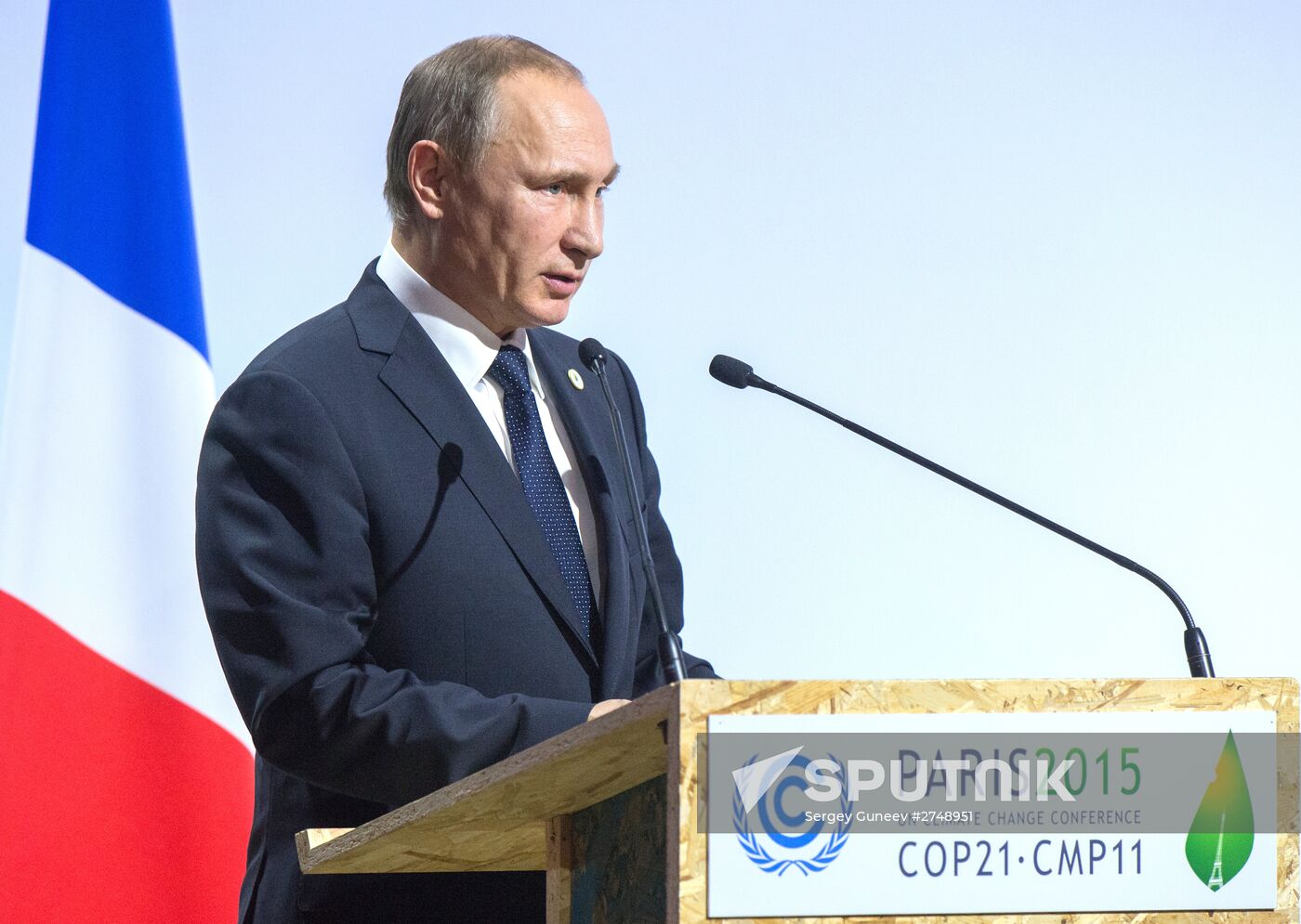 Russian President Vladimir Putin speaking at the 2015 Paris Climate Conference - United Nations Framework Convention on Climate Change, November 30, 2015. Location: France, Paris. Author: Sergey Guneev/Sputnik. President Vladimir Putin visits French Republic