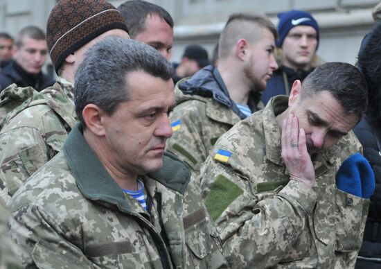 Ukrainian soldiers stage protest in Lviv