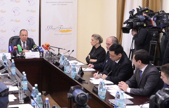 Russian Foreign Minister Sergei Lavrov meets with participants in the Alexander Gorchakov Public Diplomacy Fund