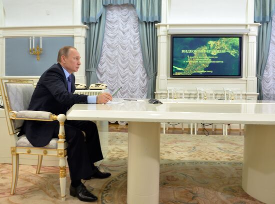 Russian President Vladimir Putin takes part in video conference, watches launching of the second stage of the Crimea energy bridge