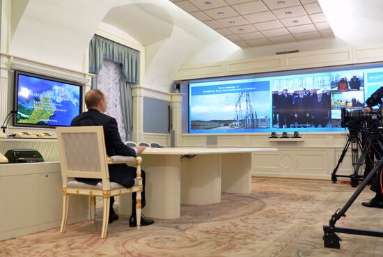 Russian President Vladimir Putin takes part in video conference, watches launching of the second stage of the Crimea energy bridge