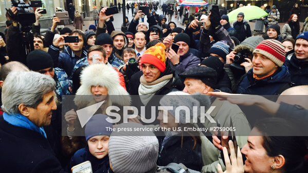 US Secretary of State John Kerry takes a walk on Arbat Street