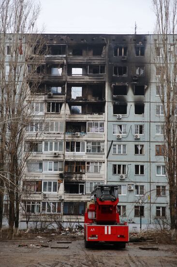 Aftermath of household gas explosion in residential building in Volgograd
