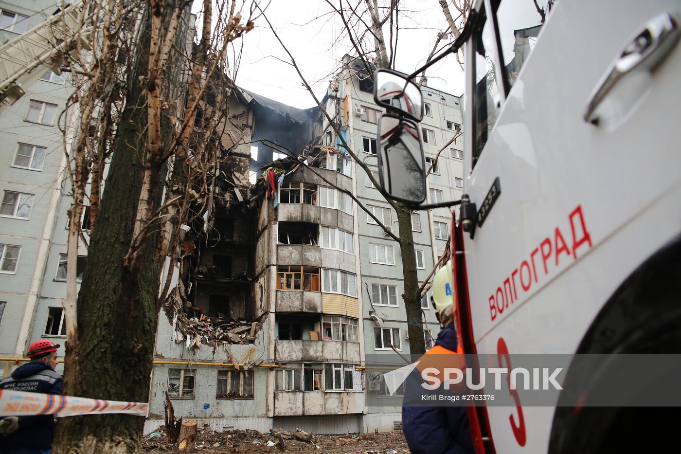 Aftermath of household gas explosion in residential building in Volgograd