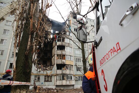 Aftermath of household gas explosion in residential building in Volgograd