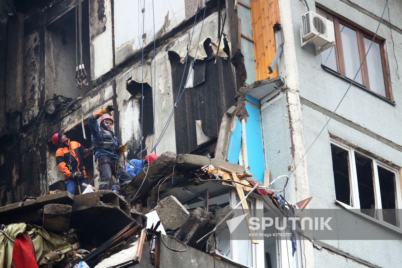 Aftermath of household gas explosion in residential building in Volgograd
