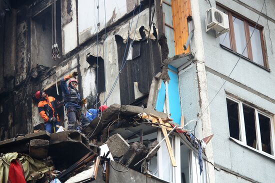 Aftermath of household gas explosion in residential building in Volgograd