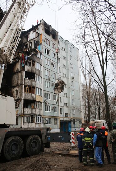 Aftermath of household gas explosion in residential building in Volgograd