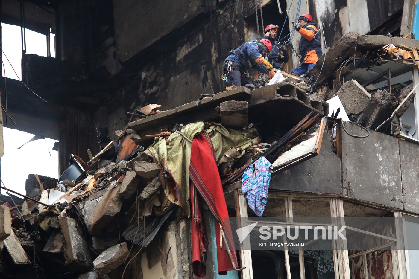 Aftermath of household gas explosion in residential building in Volgograd
