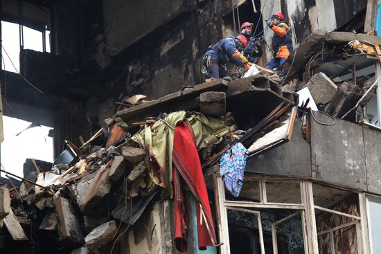 Aftermath of household gas explosion in residential building in Volgograd