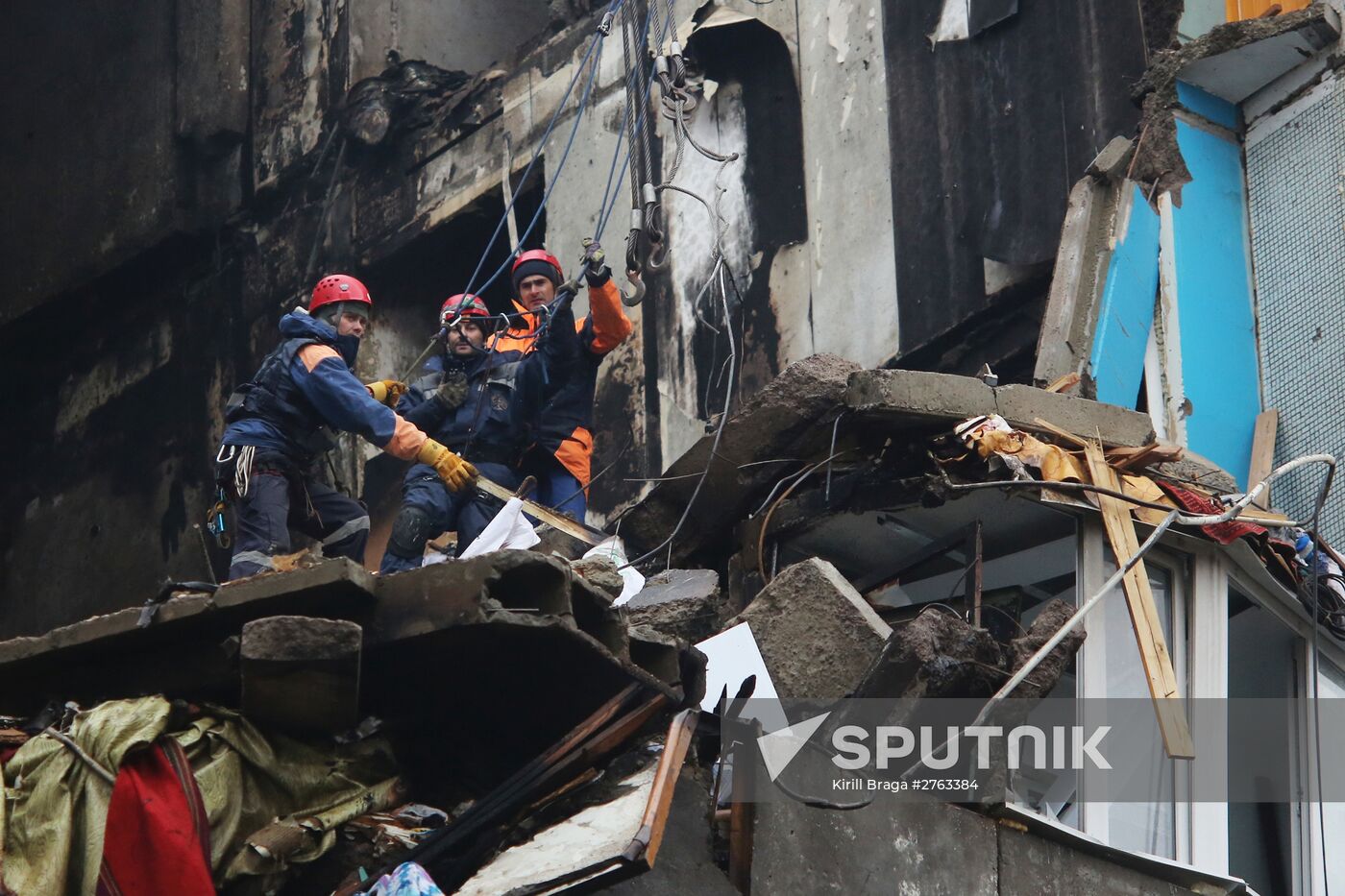 Aftermath of household gas explosion in residential building in Volgograd